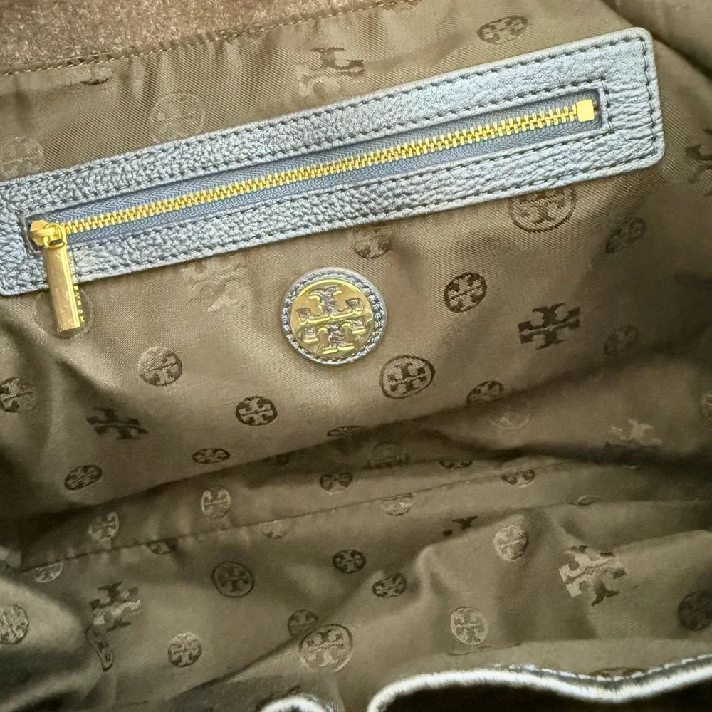 Tory Burch Emma Gray Wool & Metallic Blue Leather Tote‎ Bag